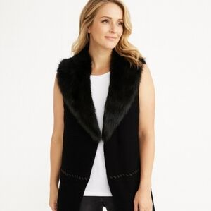 WHBM White House Black Market Black Knit Vest Faux Fur Removable Collar Size XSP